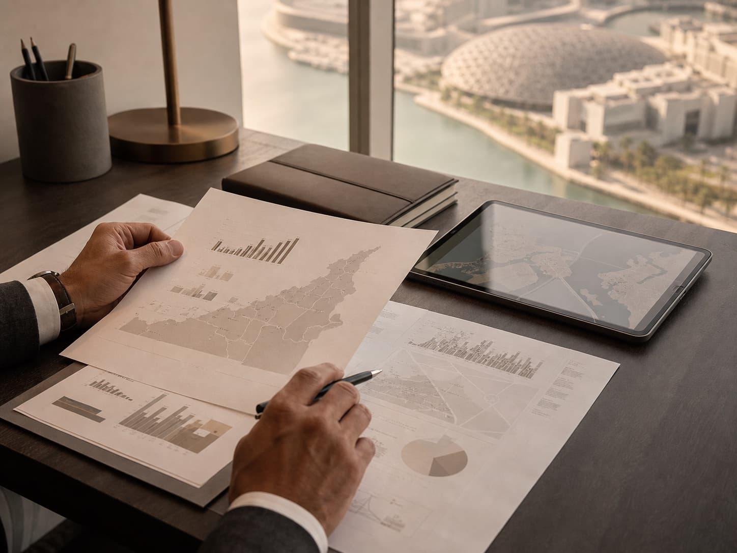 Editorial view of a property analyst reviewing Abu Dhabi market charts
